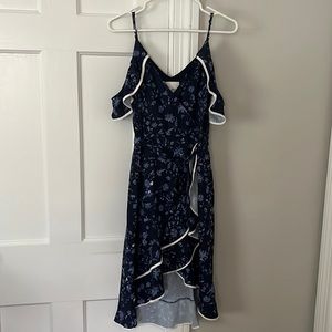 Navy Blue floral, cold shoulder, wrap style dress